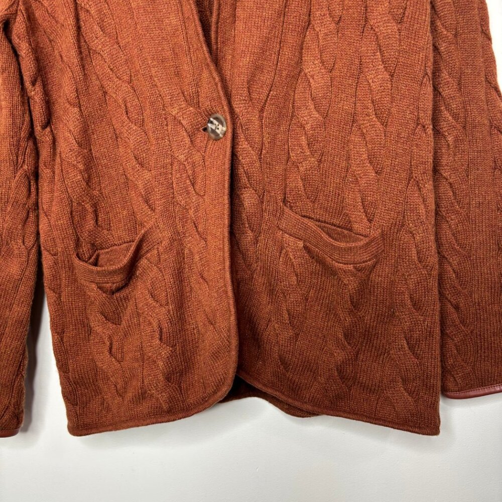 Talbots Wool Blend Cable Knit Cardigan Sweater M Brown Faux Leather Trim - Picture 13 of 14